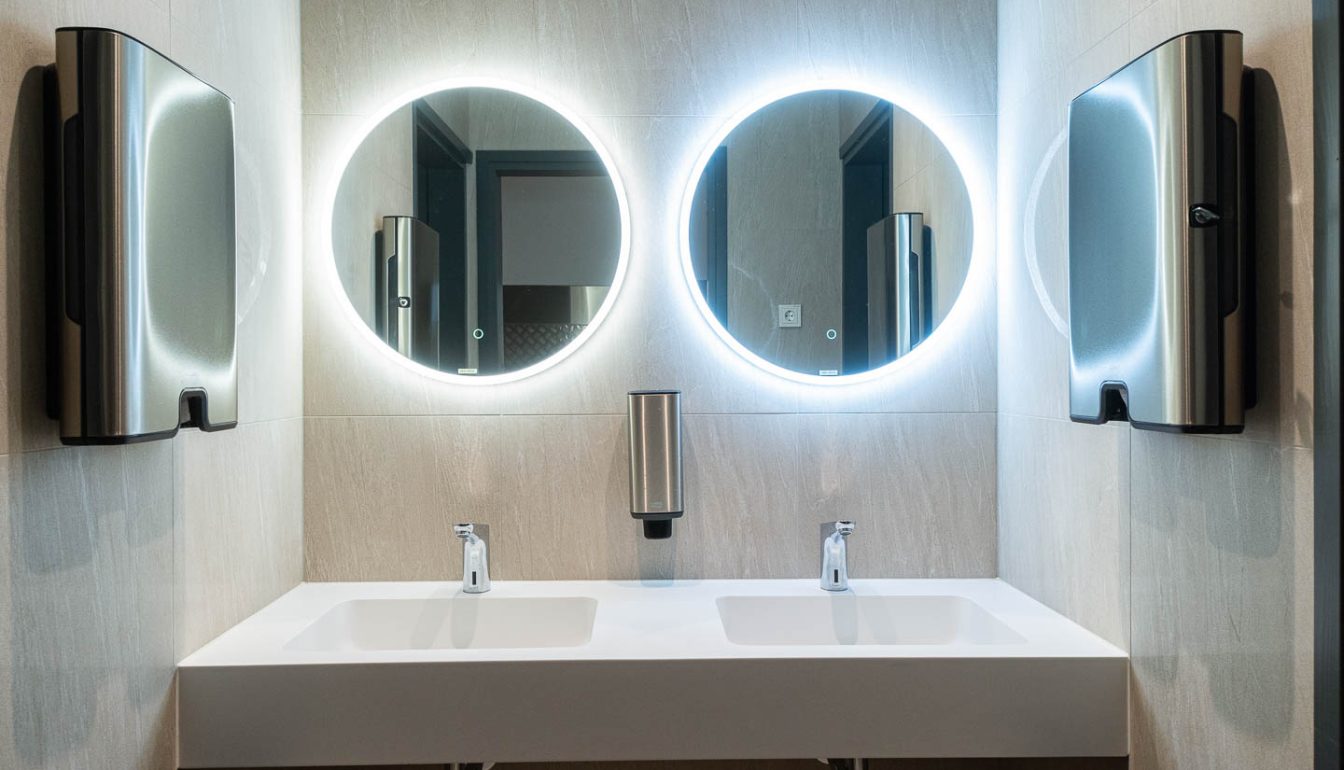 Radisson hotelli avalikus tualettruumis Balteco Xonyx™ lettvalamu – erimõõduline ja kliendi järgi valmistatud lahendus