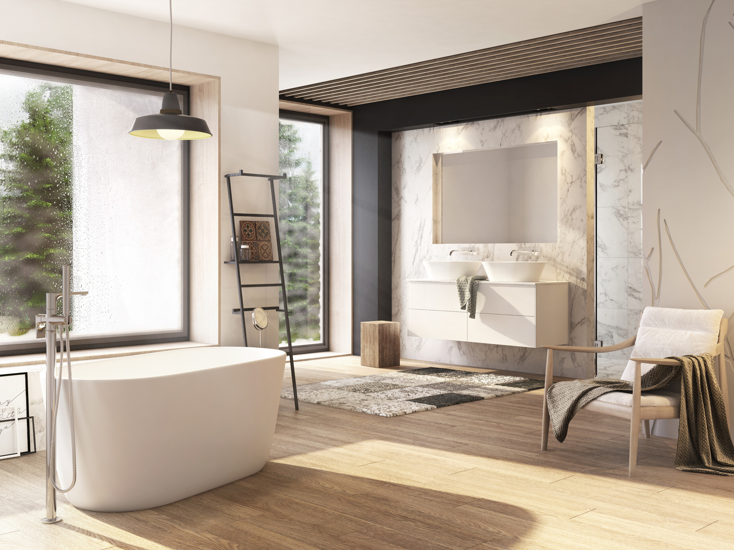 Balteco Azur Xonyx kivivann, elegantne ja monoliitse vormiga vann pikkustes 130–155 cm, valges RAL-toonis kaasaegses vannitoas.