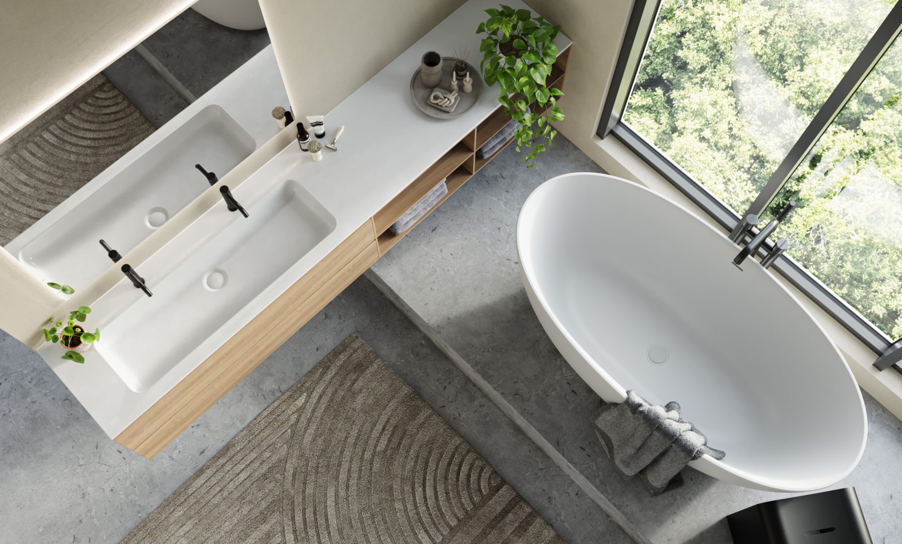 Top view of Cade Xonyx™ solid surface bathtub and countertop basin with single integrated washbasin