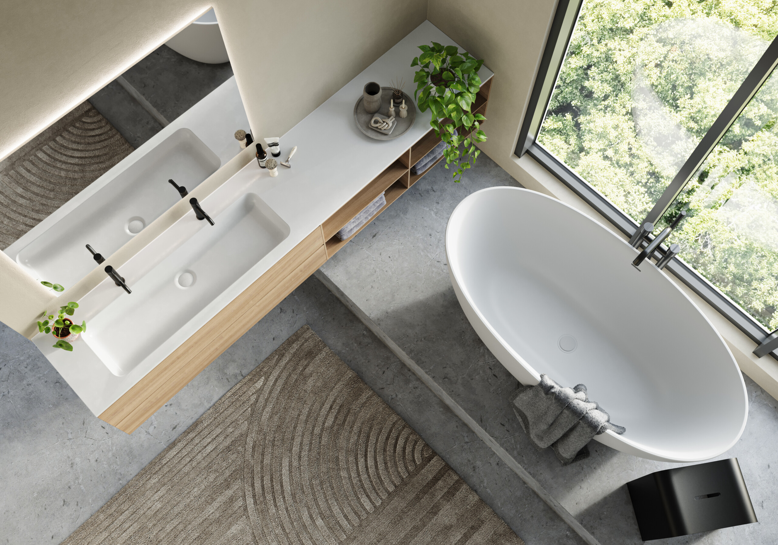 Top view of Cade Xonyx™ solid surface bathtub and countertop basin with single integrated washbasin