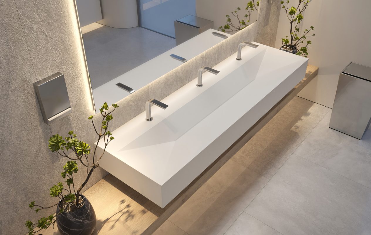 E-Series Xonyx™ solid surface tabletop with integrated basin designed for commercial and project bathrooms