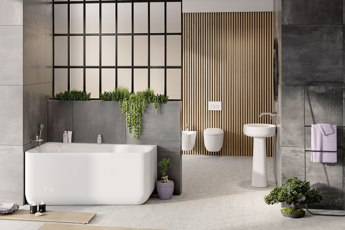 Balteco Gamma 150 Xonyx kivivann, elegantne ja vastupidav nurgavann valges RAL-toonis, monoliitse vormiga kaasaegses vannitoas.