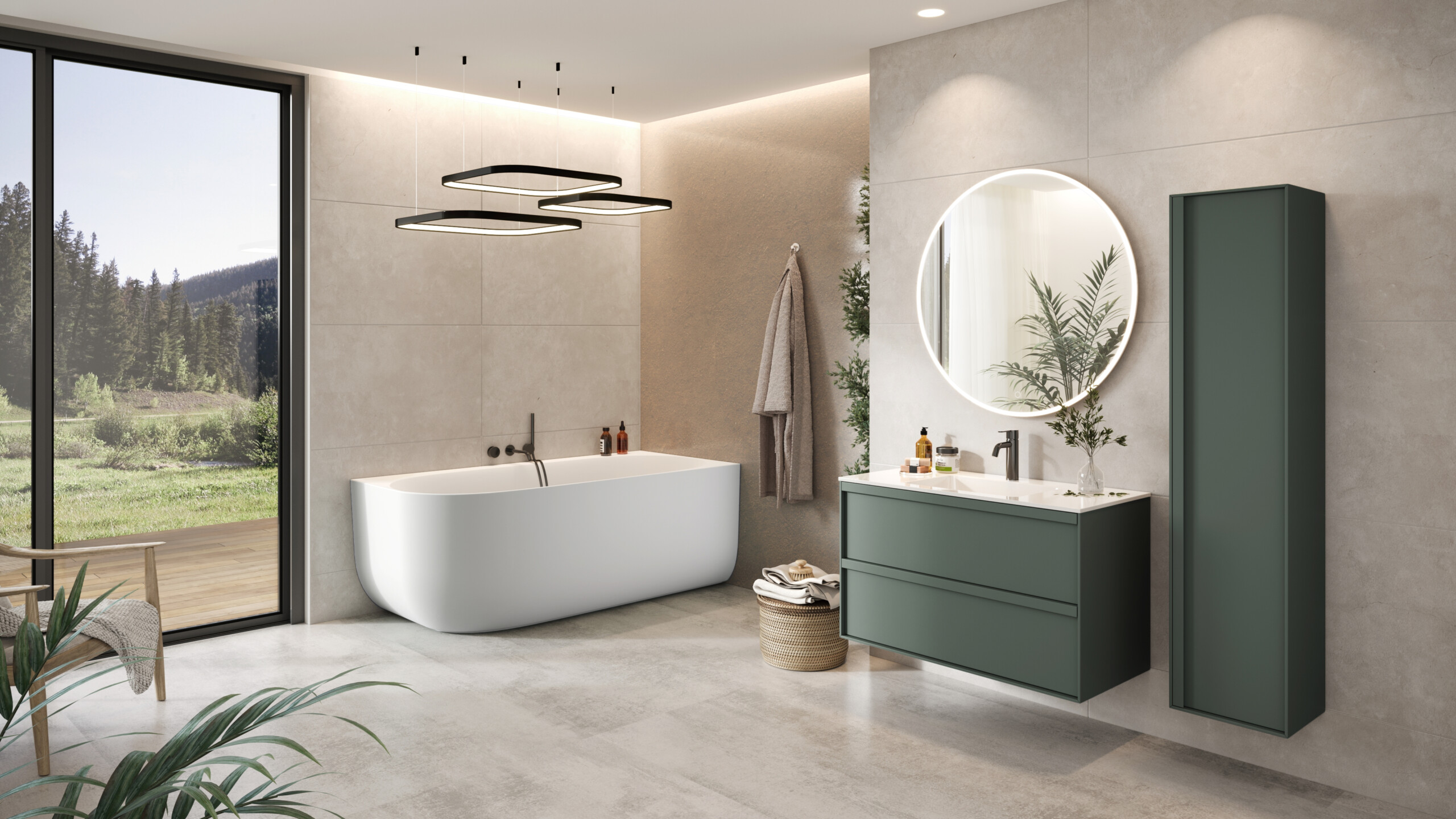 Balteco Marin 170 L/R Xonyx kivivann nurgaliidesega, siidise pinnaga ja valges RAL-toonis kaasaegses vannitoas.