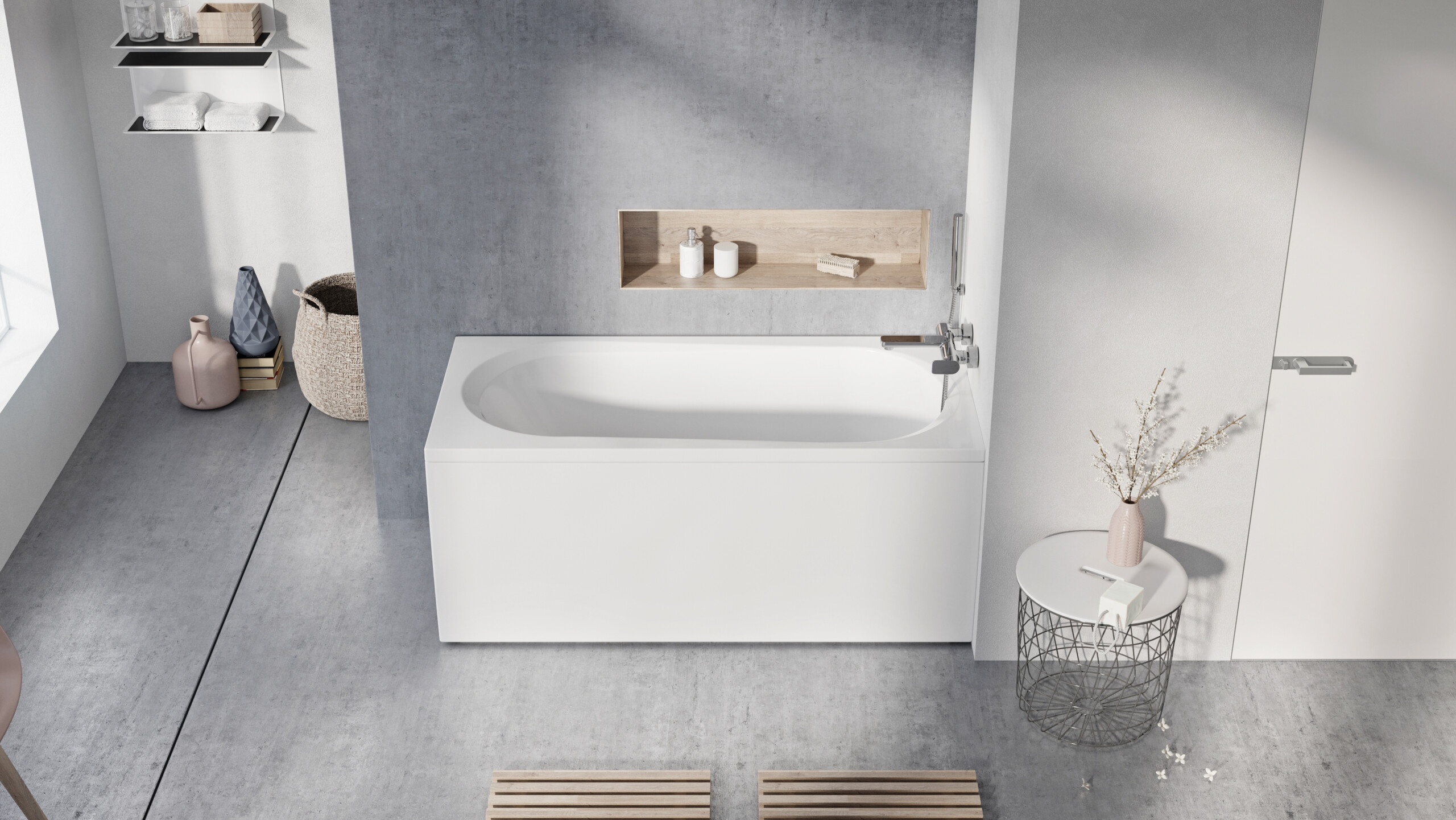 Balteco Modul akrüülvann kolmes mõõdus, tugev konstruktsioon ja Panel+ kruvideta paneelid, sobib kombineerimiseks dušiseintega.