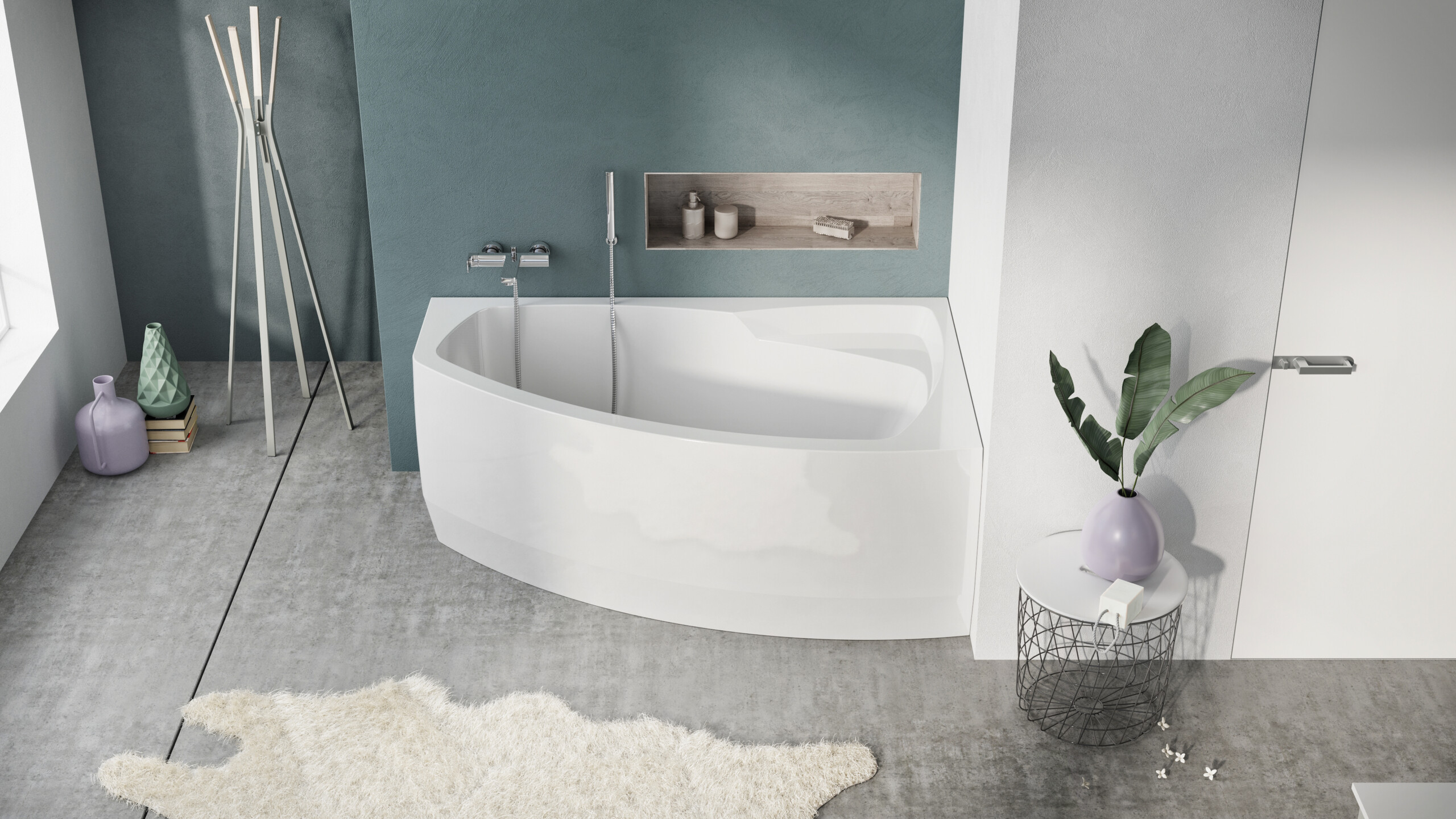 Balteco Rhea akrüülvann sümmeetrilise tilgakujuga, sügava ja mugava vormiga, magnetkinnitusega Panel+ paneelivalik.