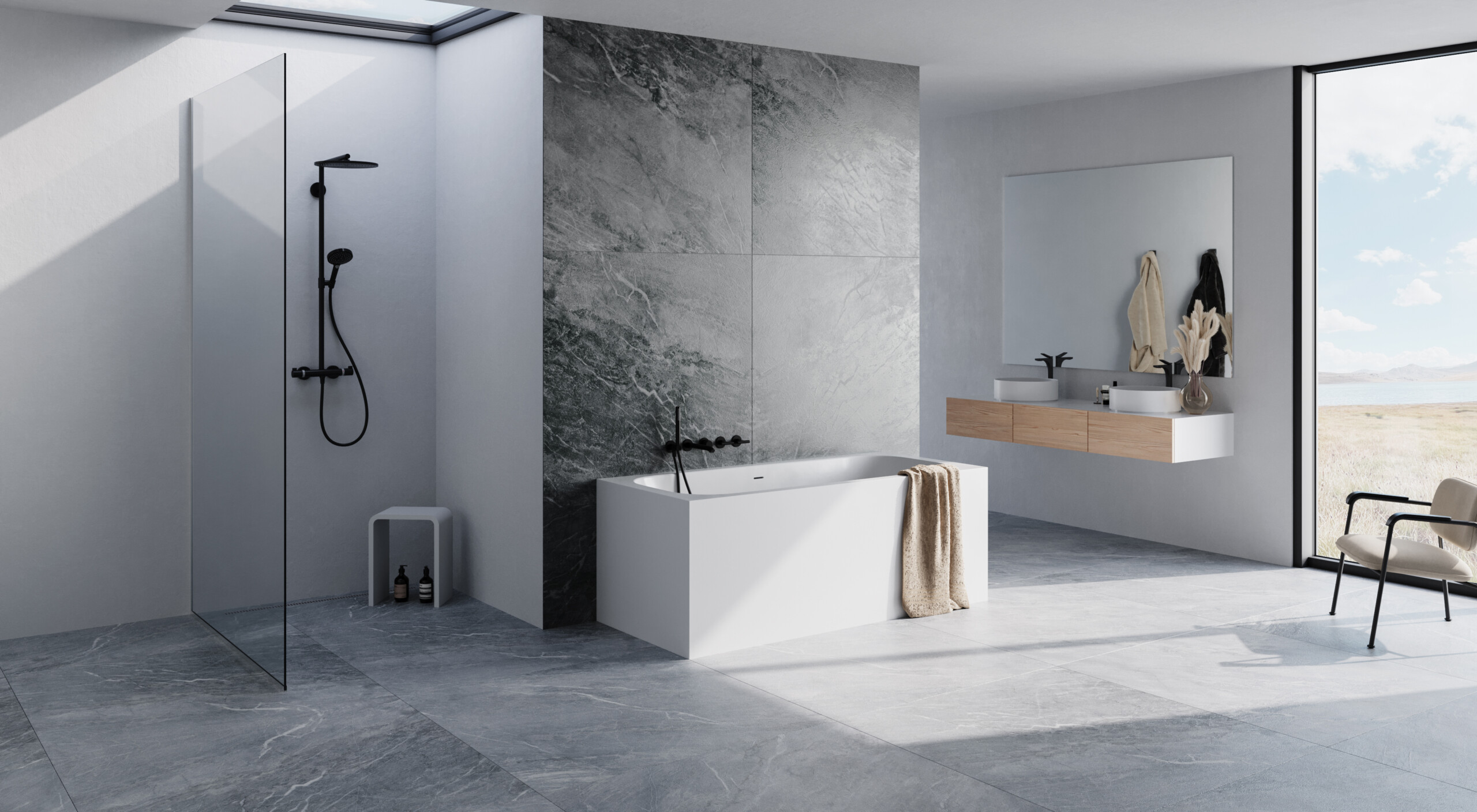 Balteco Vigo 170/180 Xonyx vann, saadaval massaažifunktsiooniga, uputatav või paneelversioon, modernses vannitoas.