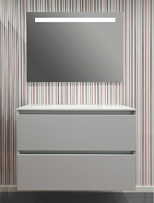 Balteco Flo vannitoamööbel modernse disaini ja Skandinaavia värvitoonidega, 45° korpused, BLUM Tandembox ja Xonyx lettvalamu.