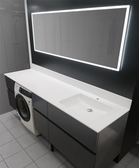 Grada XL vannitoamööbel tumedas värvitoonis, Xonyx lettvalamu ja integreeritud pesumasin