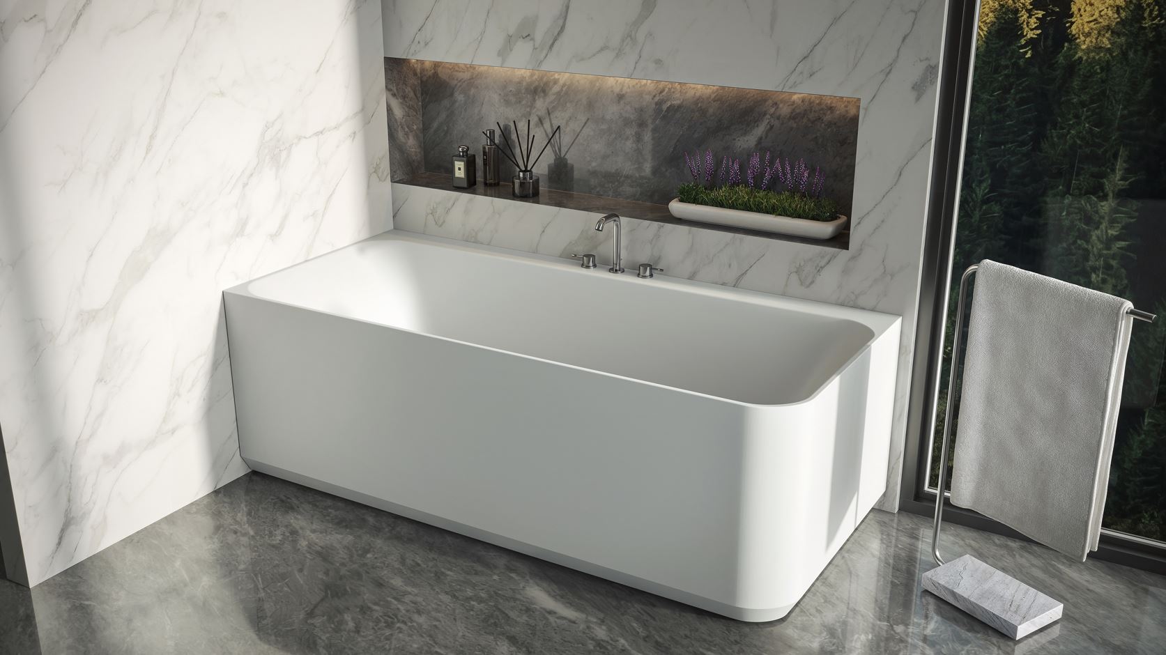 Axonometric side view of the Cleo corner-connected bathtub in a bathroom