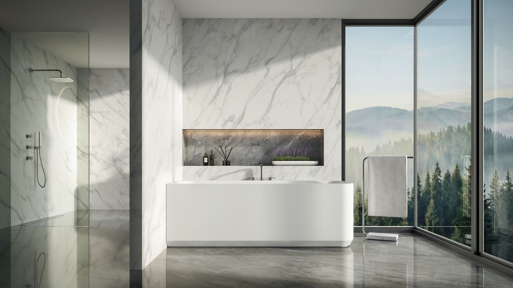 Front view of the Cleo corner-connected bathtub in a bathroom